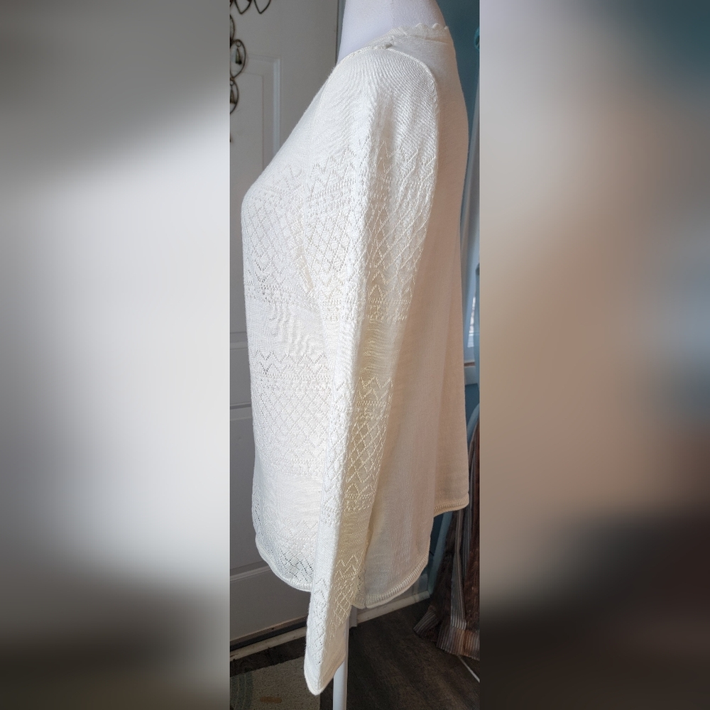 Frye Pointelle V Neck Cardigan Sweater Womens L Ivory Cottagecore 100% Cotton - Picture 2 of 11